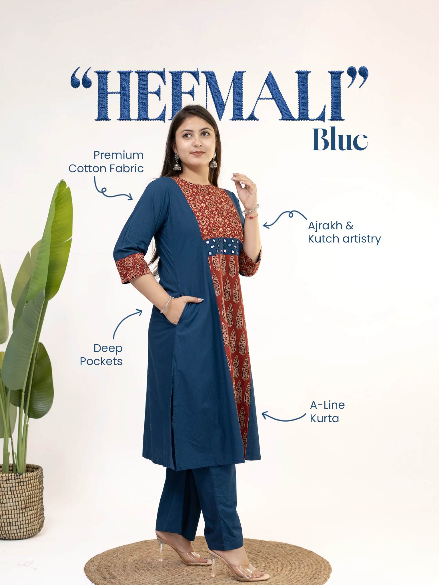Heemali Blue Cotton Ajrakh Kutch Embroidered Kurta Set