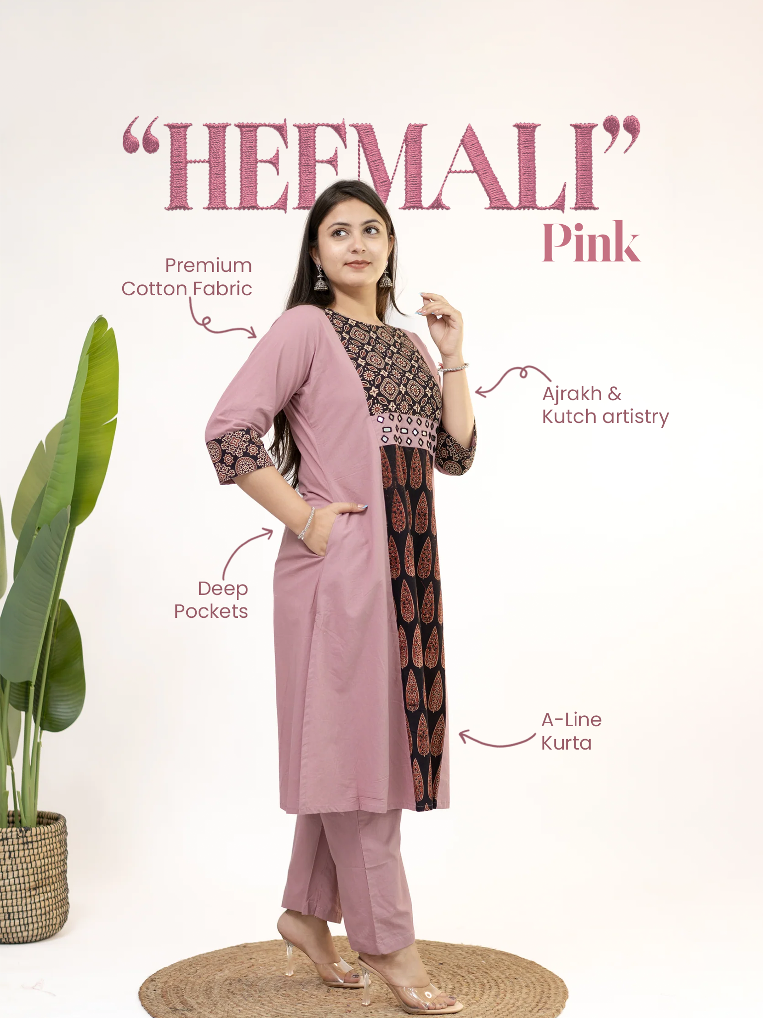 Heemali Pink Cotton Ajrakh Kutch Embroidered Kurta Set