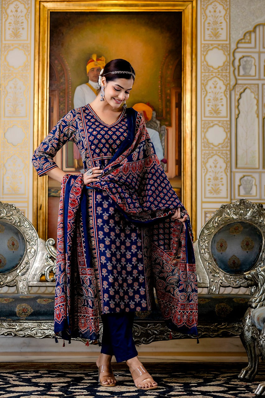 Yashi Cotton Handblock Embroidered Pant Set