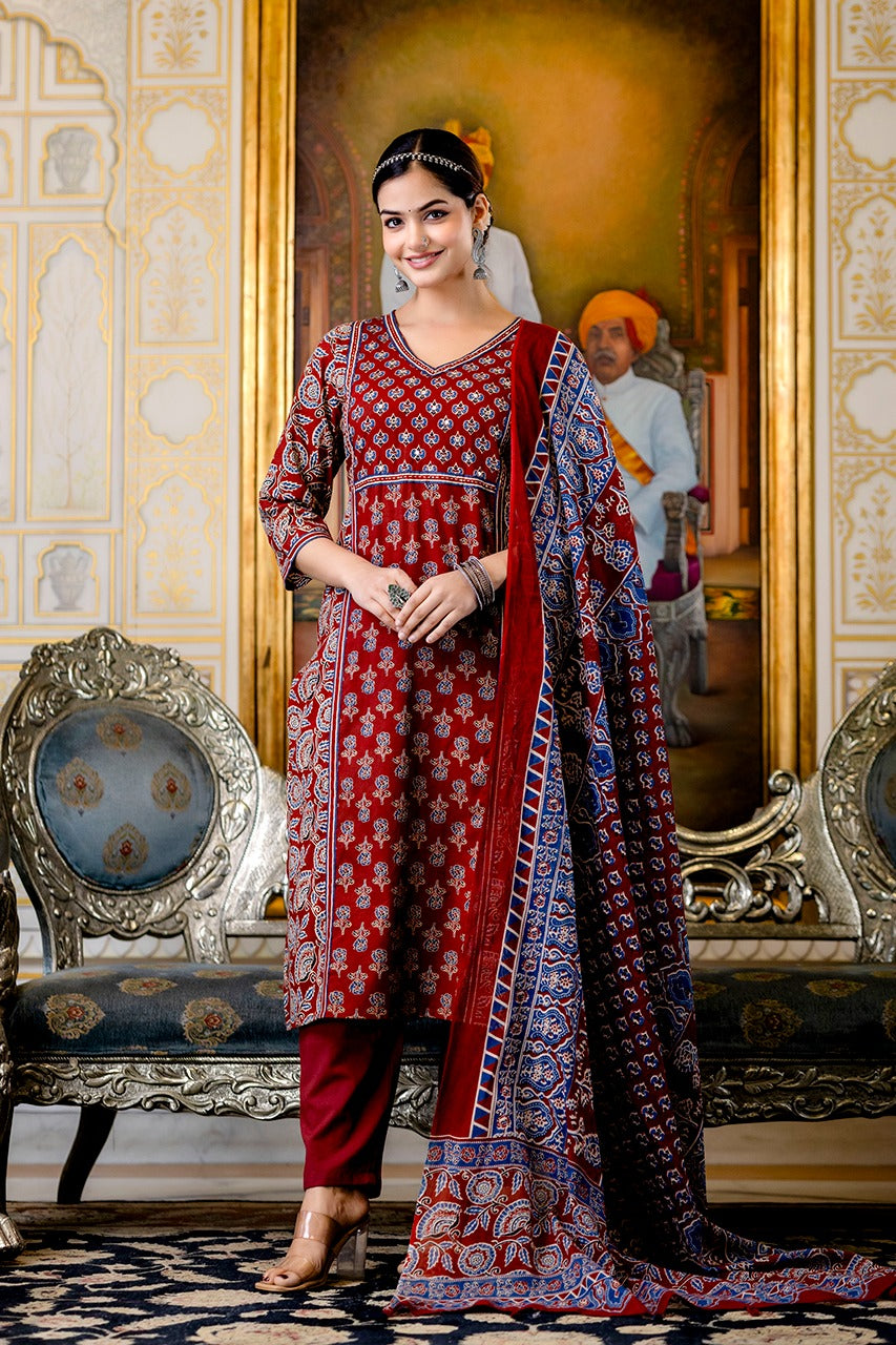 Yashi Cotton Handblock Embroidered Pant Set