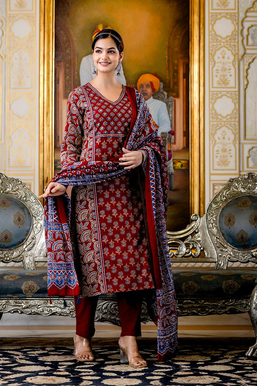 Yashi Cotton Handblock Embroidered Pant Set
