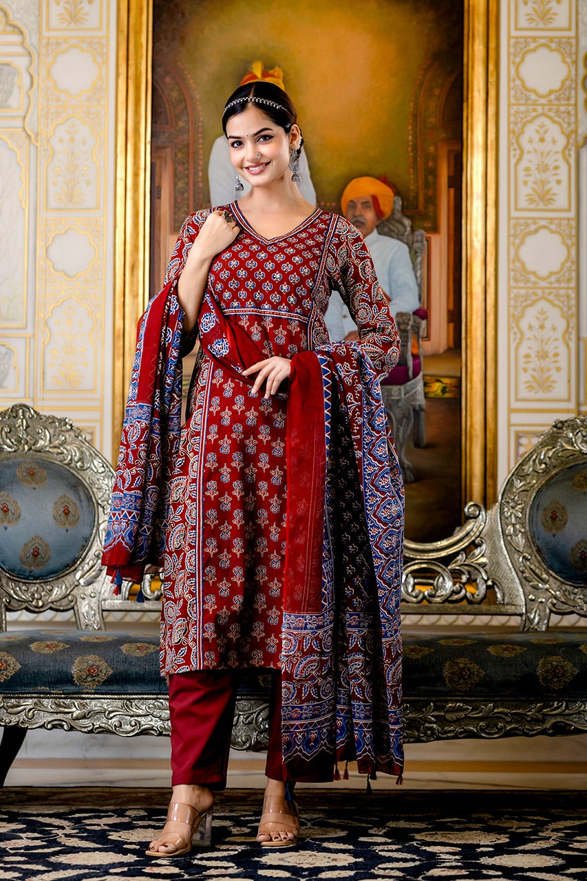Yashi Cotton Handblock Embroidered Pant Set
