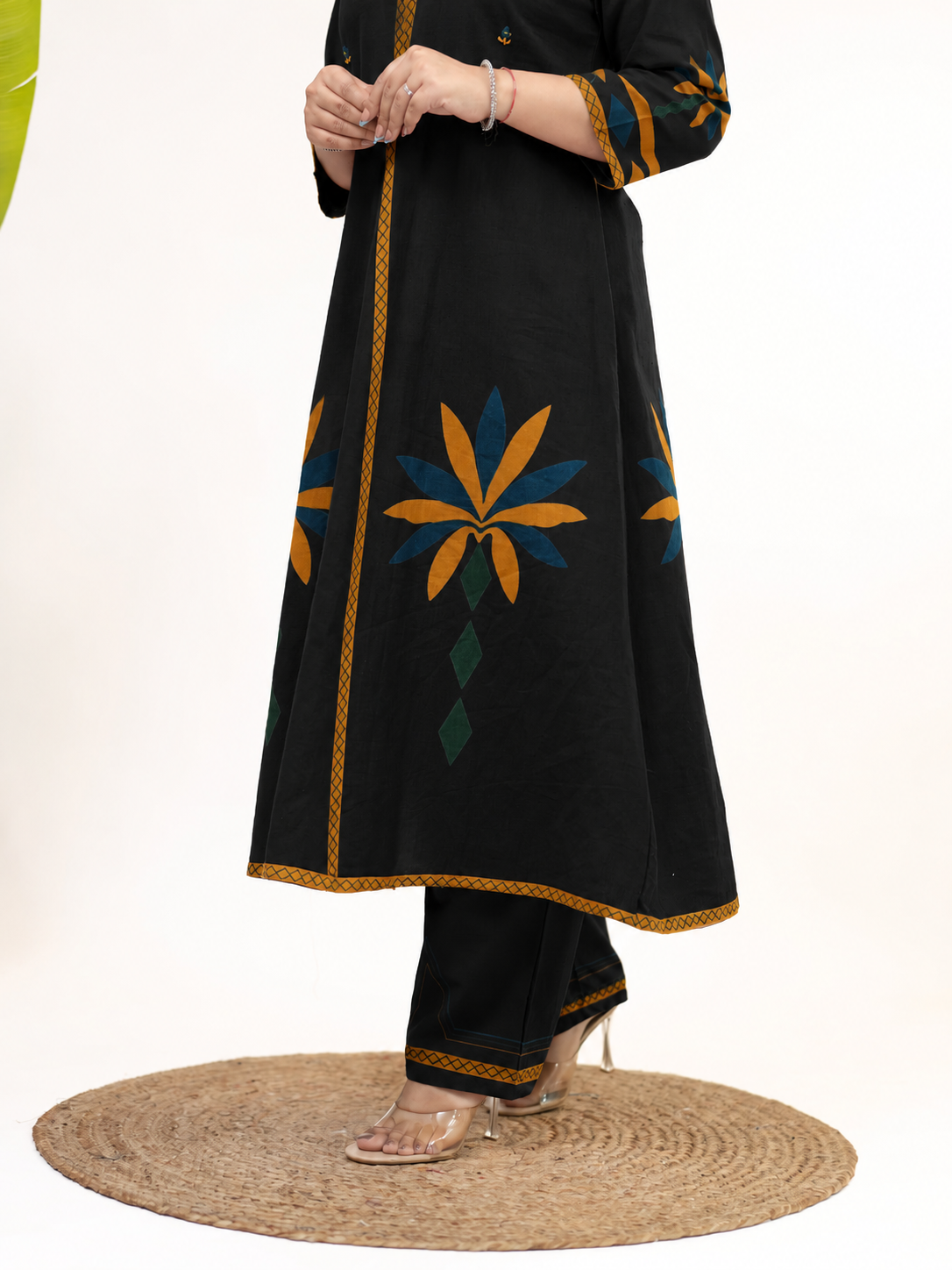 Zivara Black Floral Mirror Work A-line Kurta Set