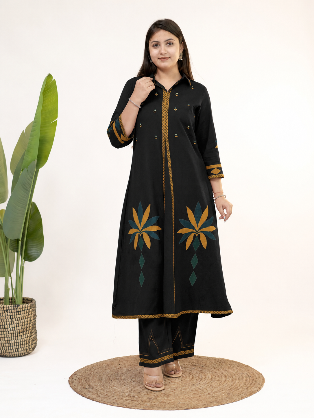 Zivara Black Floral Mirror Work A-line Kurta Set