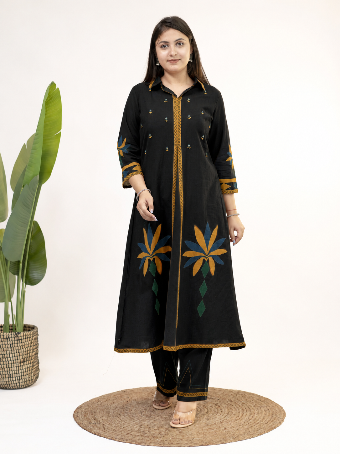 Zivara Black Floral Mirror Work A-line Kurta Set