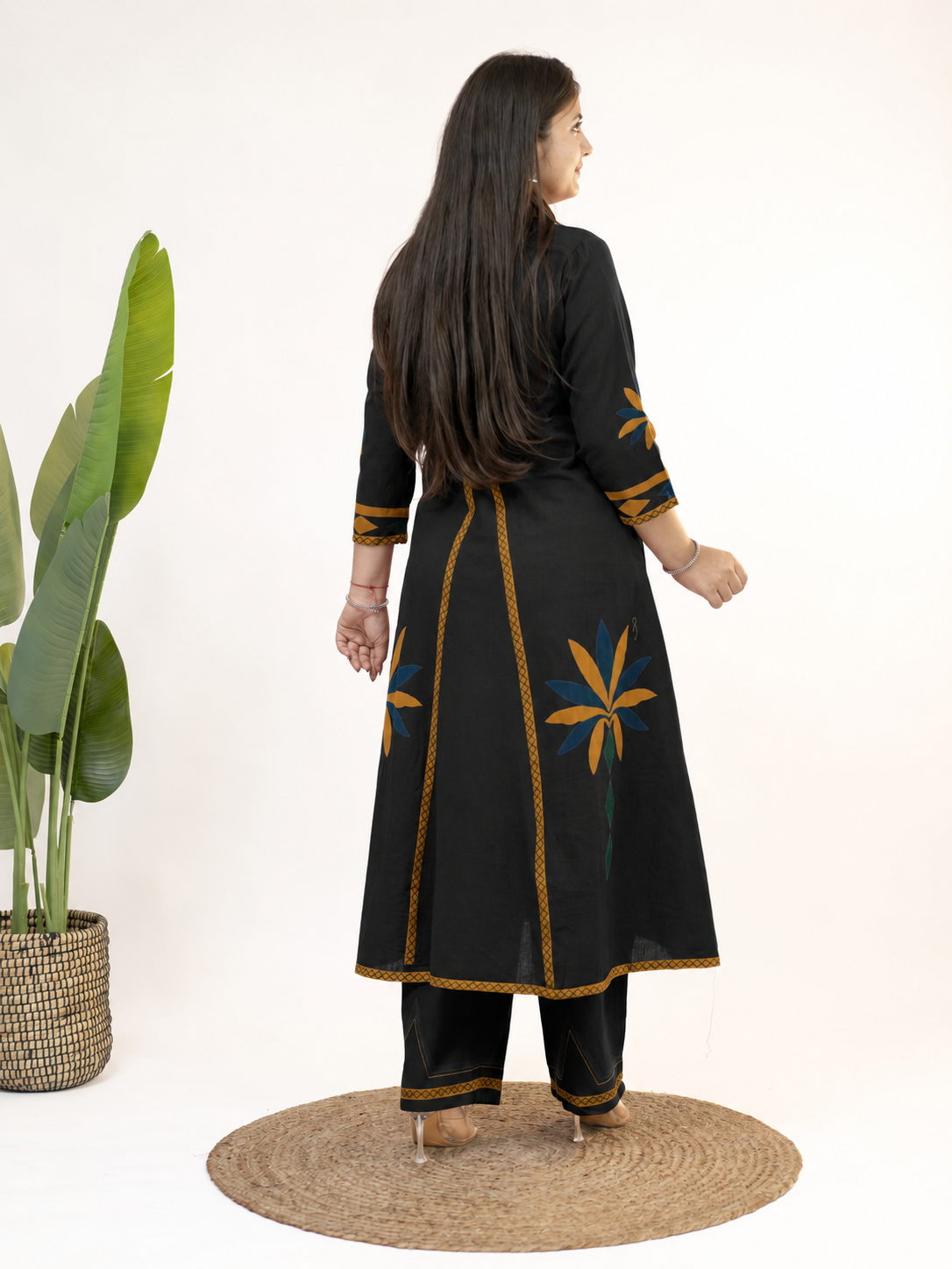 Zivara Black Floral Mirror Work A-line Kurta Set