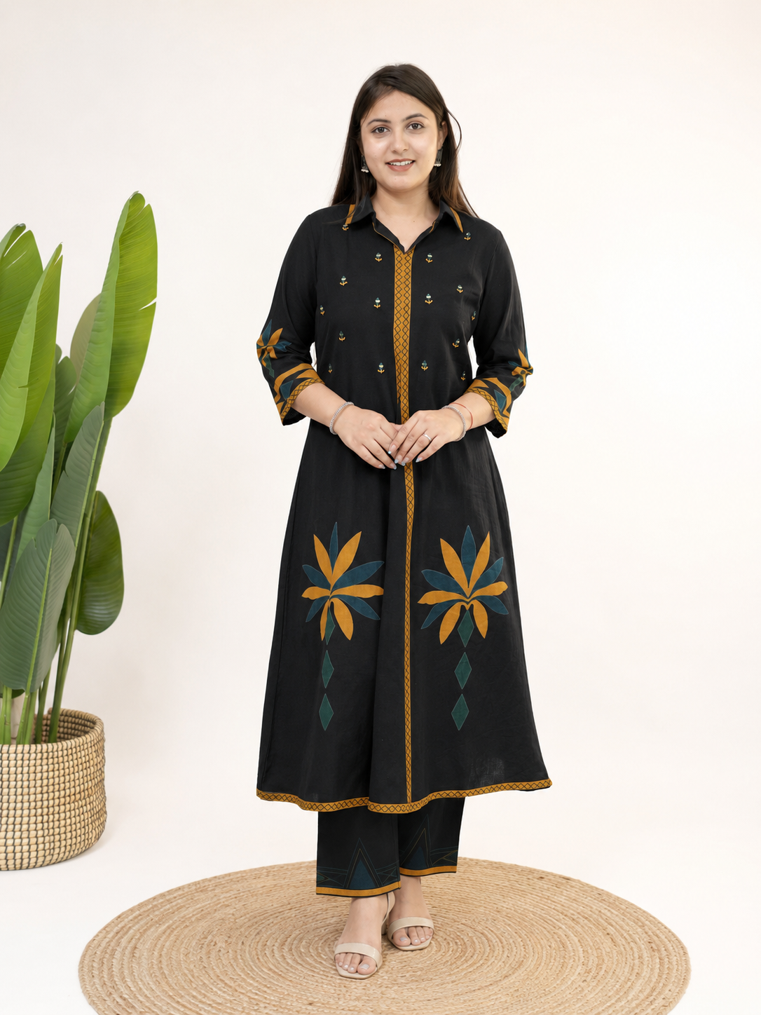Zivara Black Floral Mirror Work A-line Kurta Set