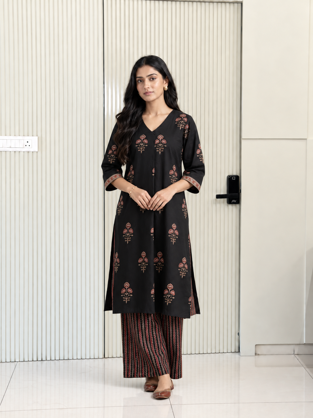 Kush Black Cotton A-line Kurta Set