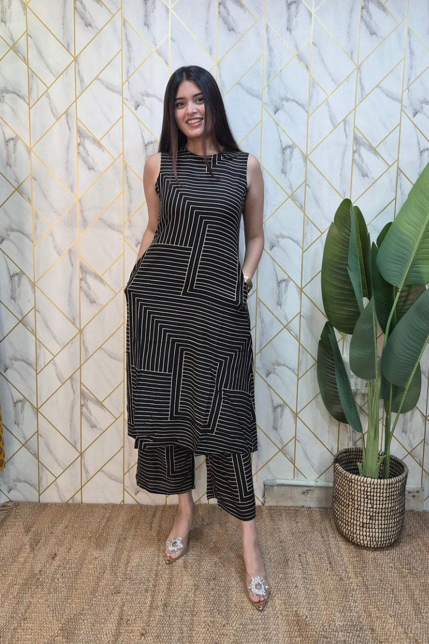 Black Rayon Strips Print A-line Coord Set