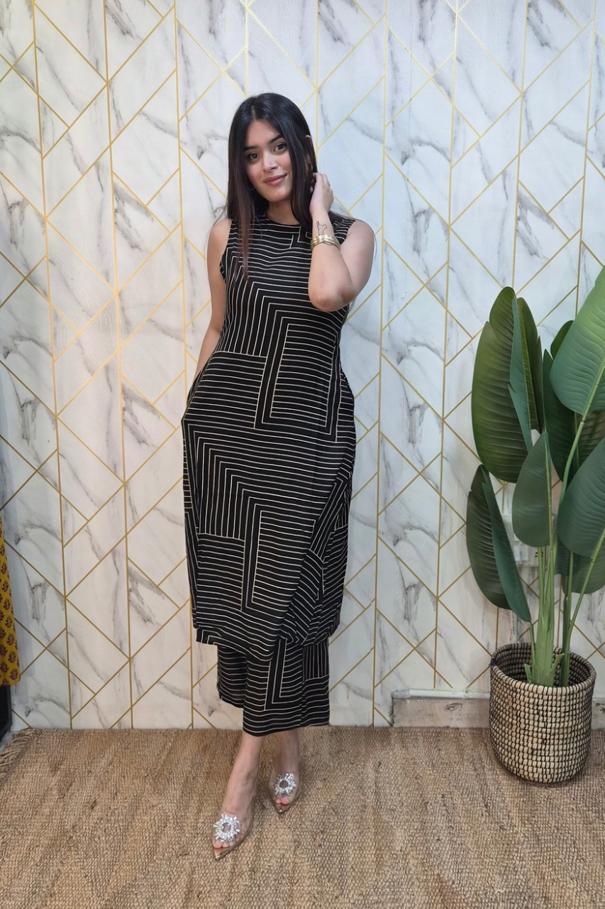 Black Rayon Strips Print A-line Coord Set