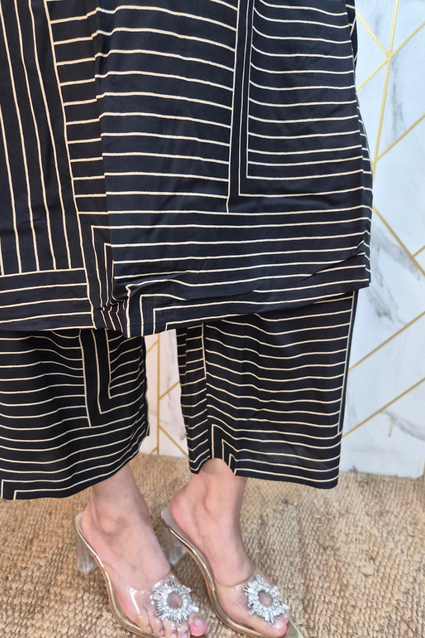 Black Rayon Strips Print A-line Coord Set