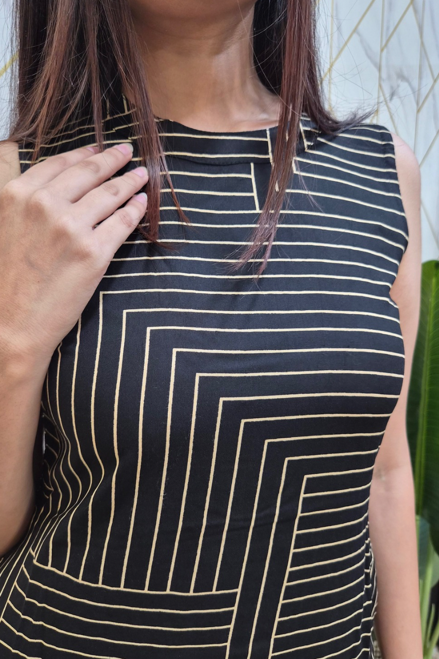 Black Rayon Strips Print A-line Coord Set
