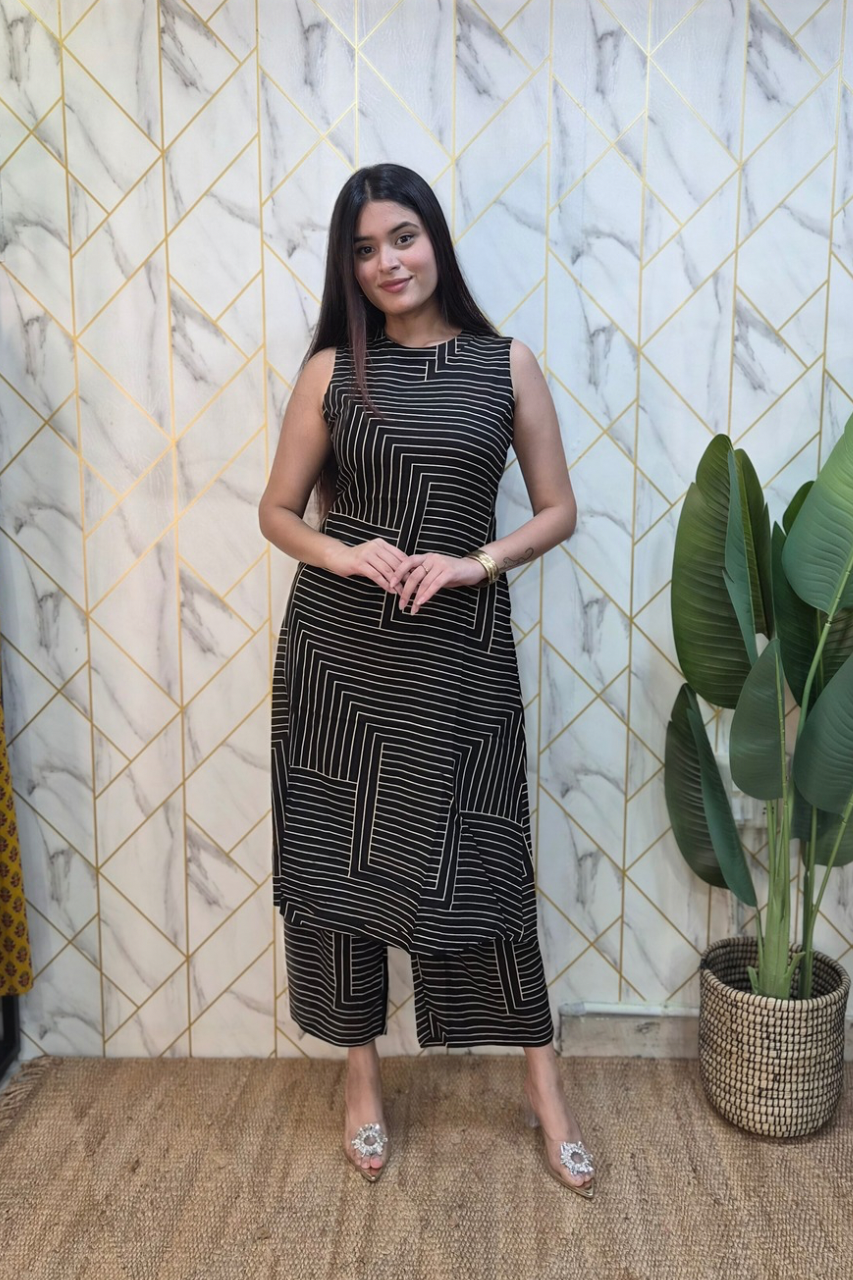 Black Rayon Strips Print A-line Coord Set