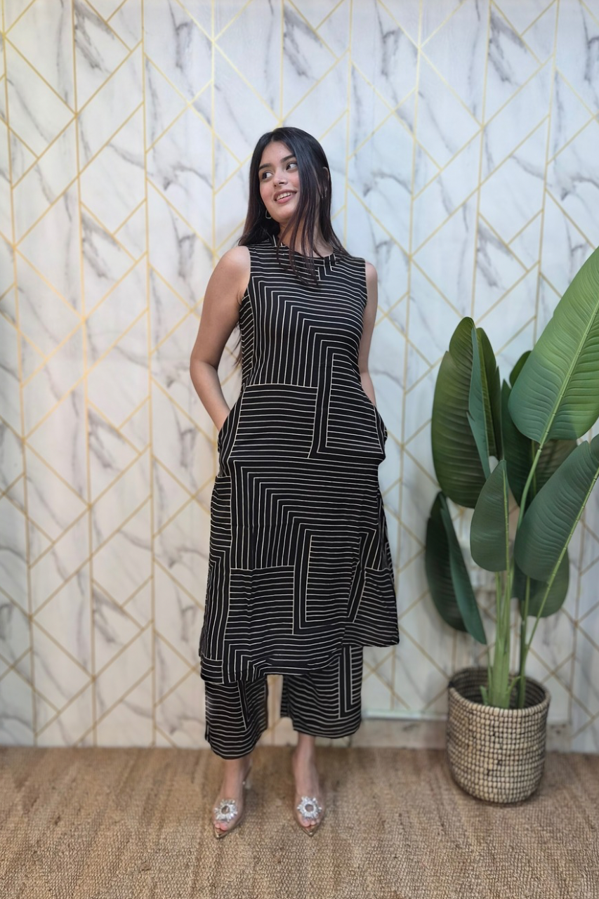 Black Rayon Strips Print A-line Coord Set