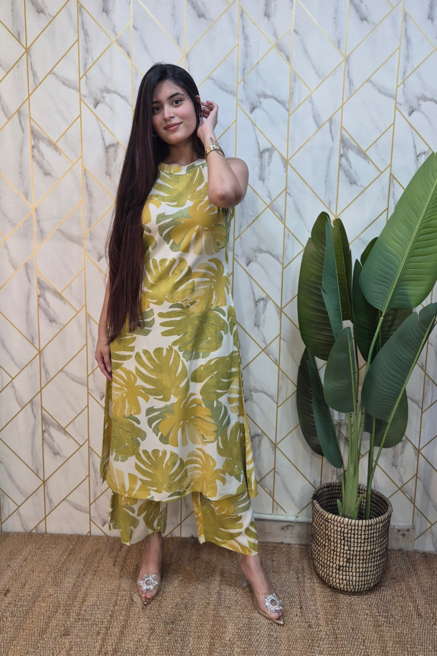 Green Rayon Floral A-line Coord Set