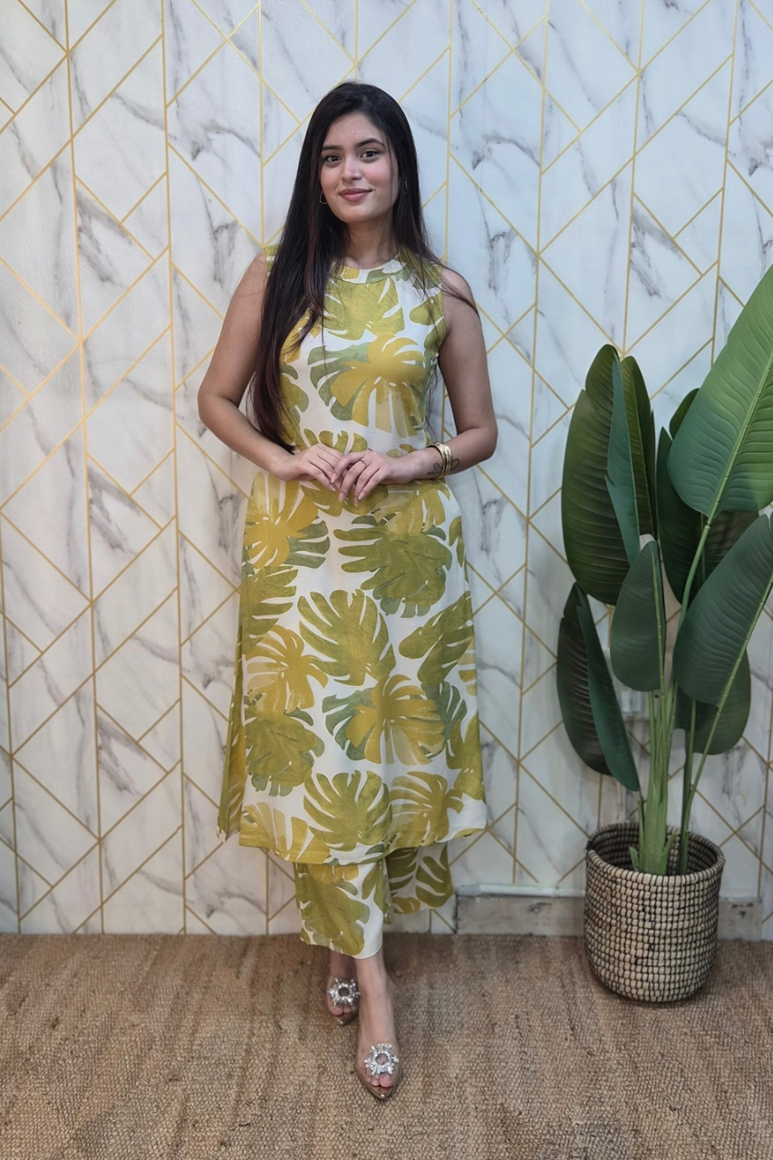 Green Rayon Floral A-line Coord Set