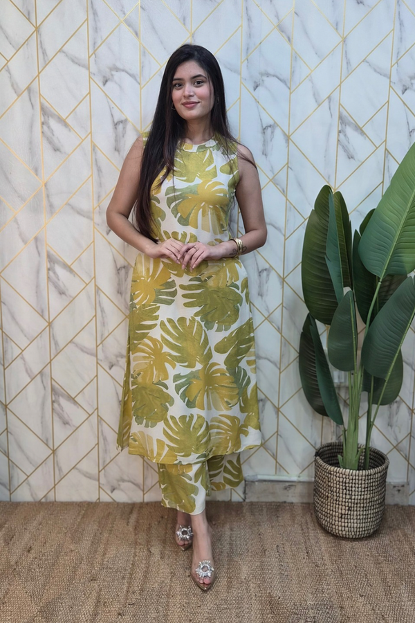 Green Rayon Floral A-line Coord Set