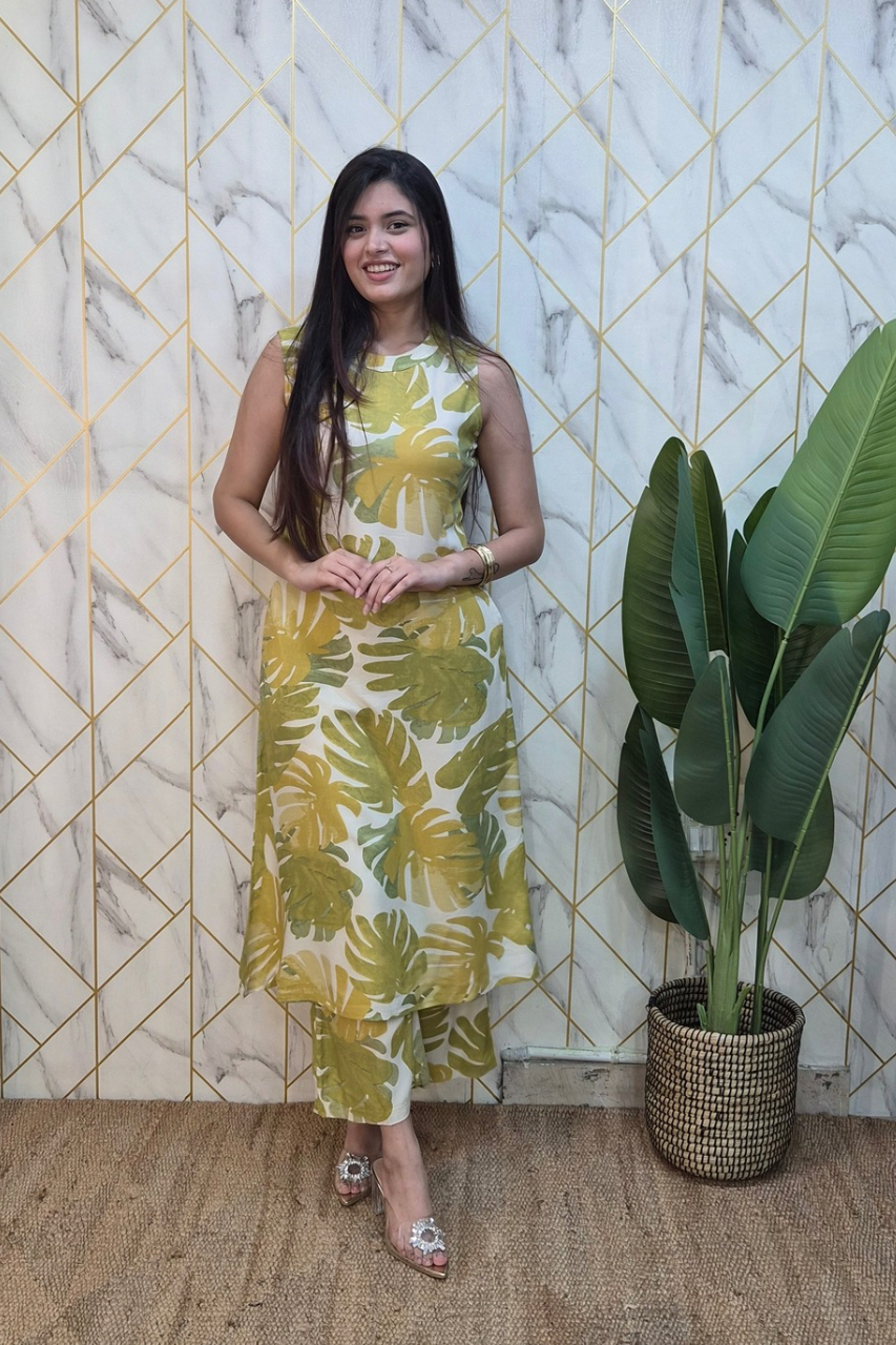 Green Rayon Floral A-line Coord Set