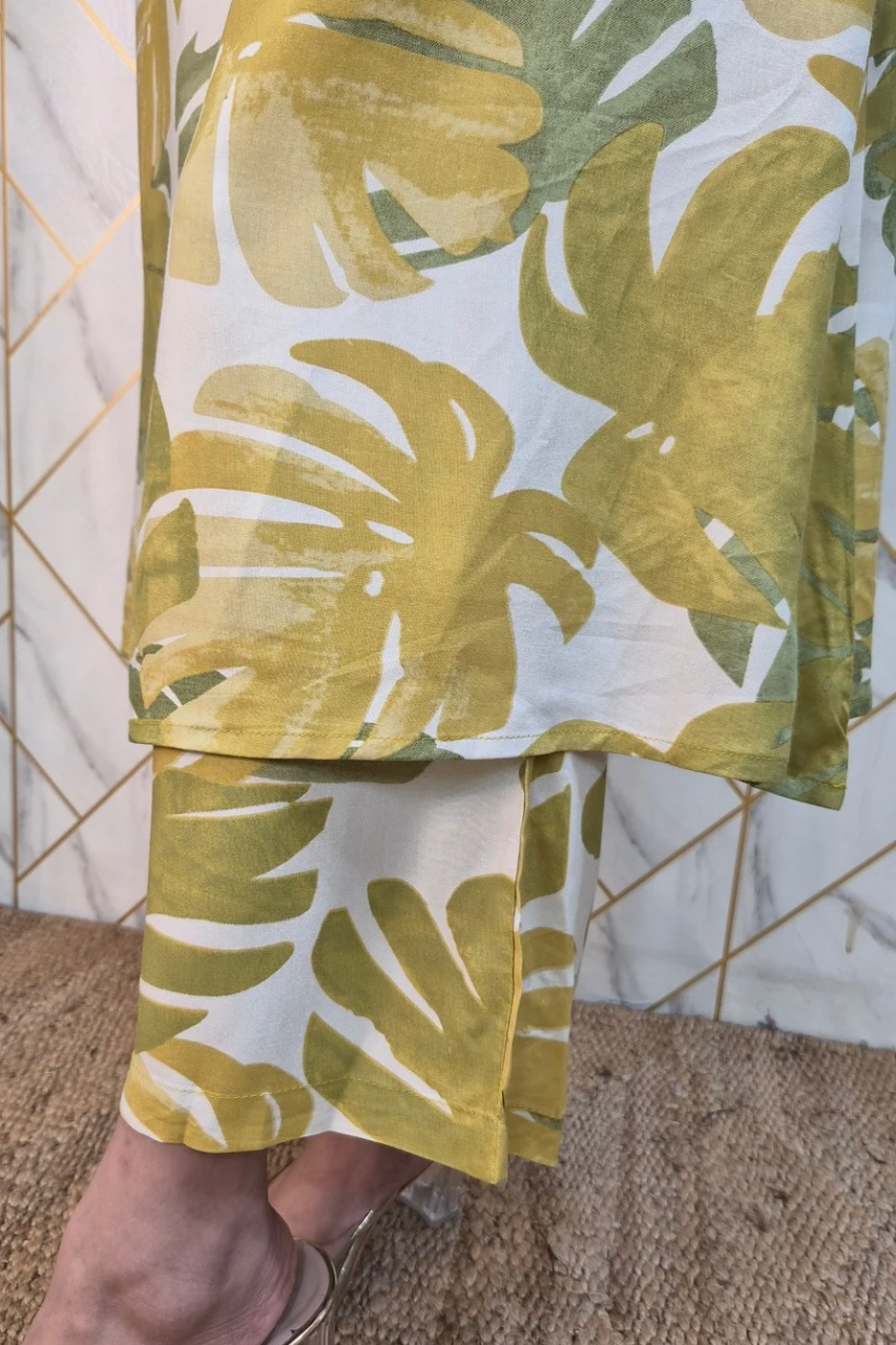 Green Rayon Floral A-line Coord Set