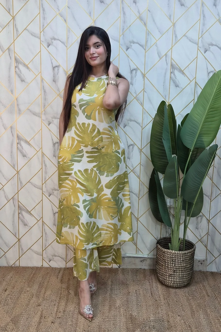 Green Rayon Floral A-line Coord Set