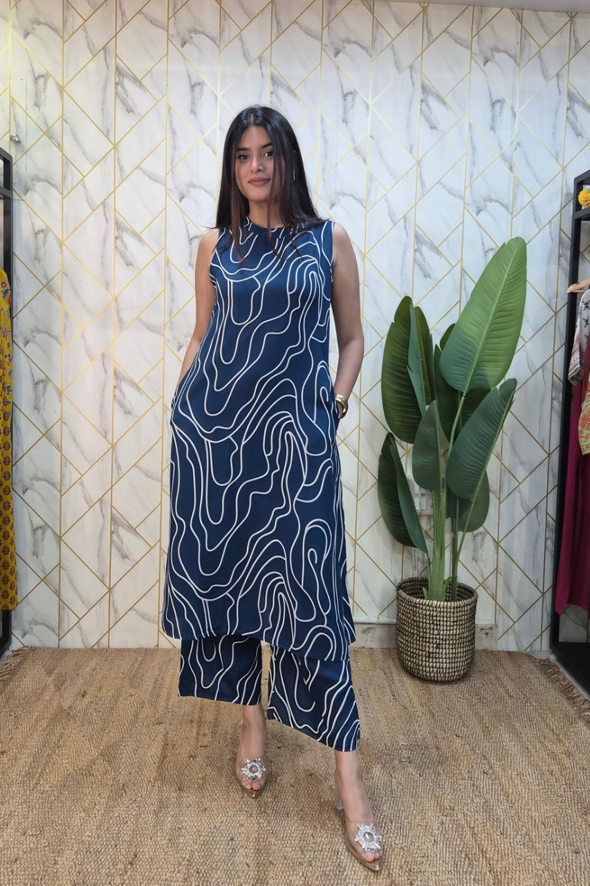 Blue Rayon Geometric Print A-line Coord Set