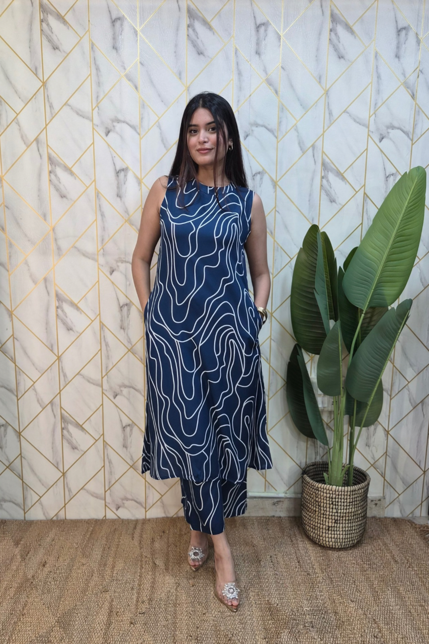 Blue Rayon Geometric Print A-line Coord Set