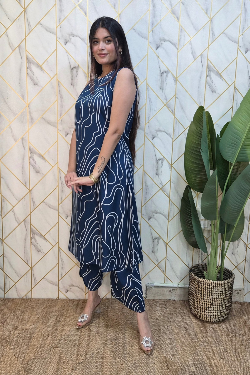 Blue Rayon Geometric Print A-line Coord Set