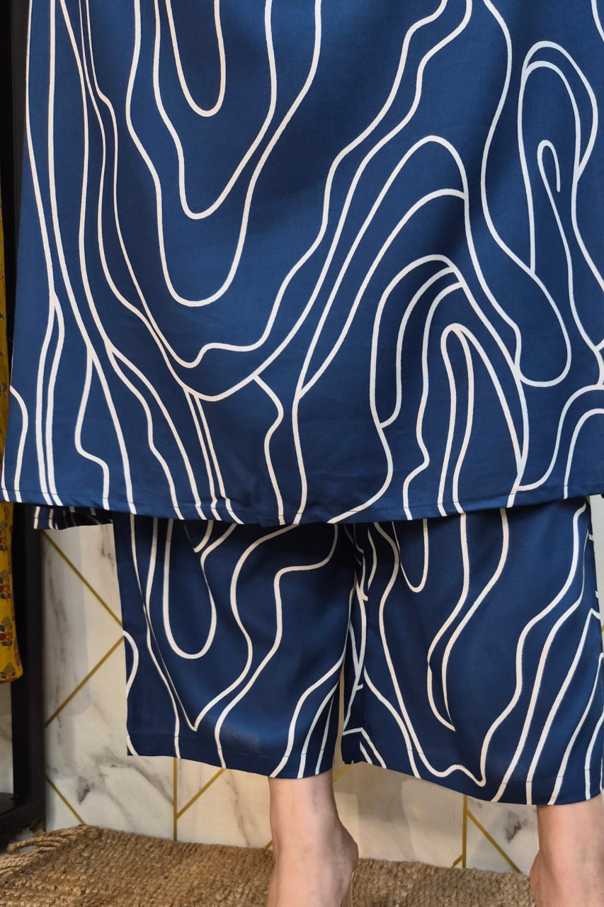 Blue Rayon Geometric Print A-line Coord Set - The Jaipur Studio