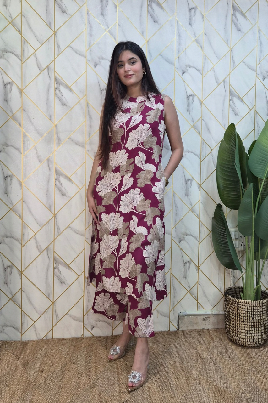 Wine Rayon Floral Print A-line Coord Set