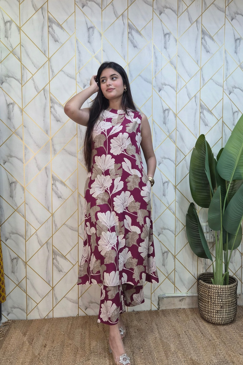 Wine Rayon Floral Print A-line Coord Set