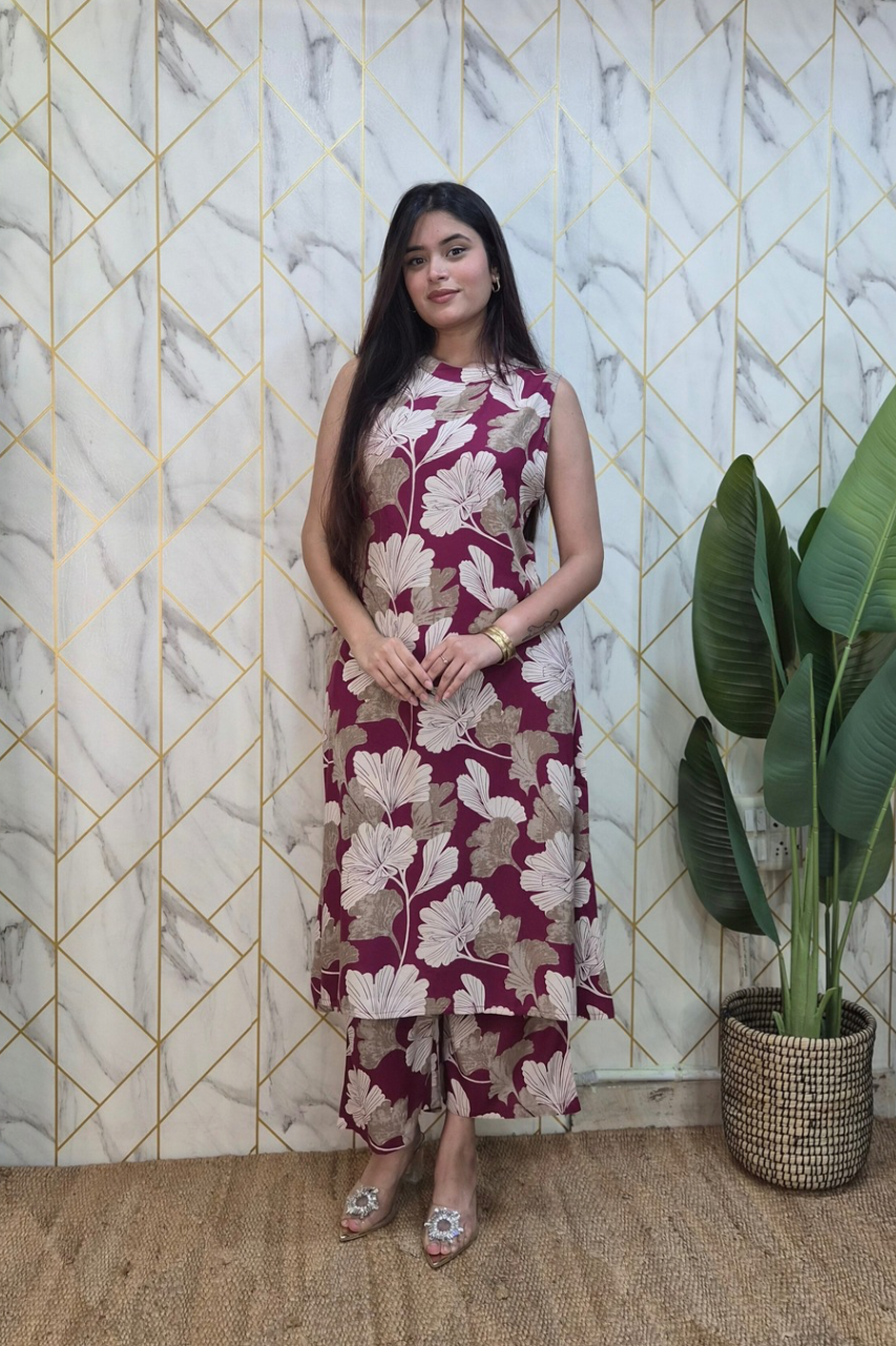 Wine Rayon Floral Print A-line Coord Set