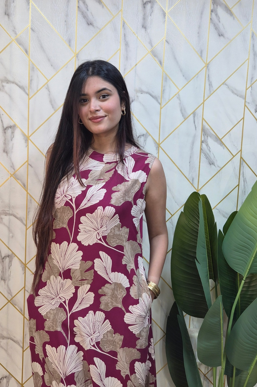 Wine Rayon Floral Print A-line Coord Set - The Jaipur Studio