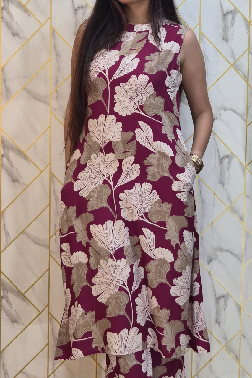 Wine Rayon Floral Print A-line Coord Set