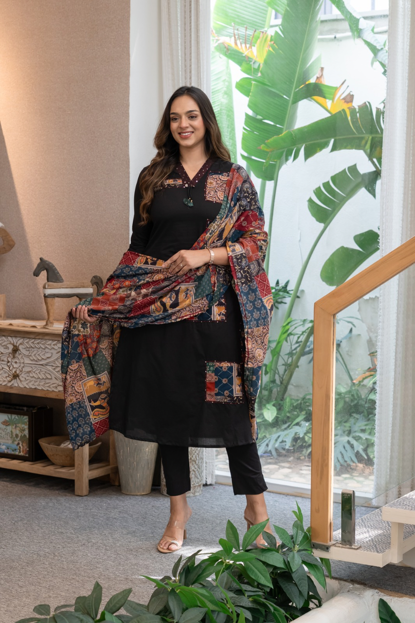 Ira cotton Ajrakh Katha detailed straight Pant Set