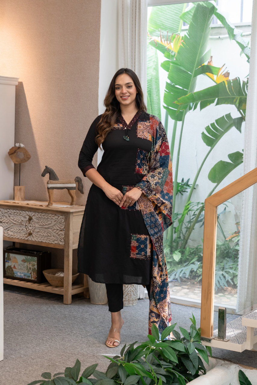 Ira cotton Ajrakh Katha detailed straight Pant Set