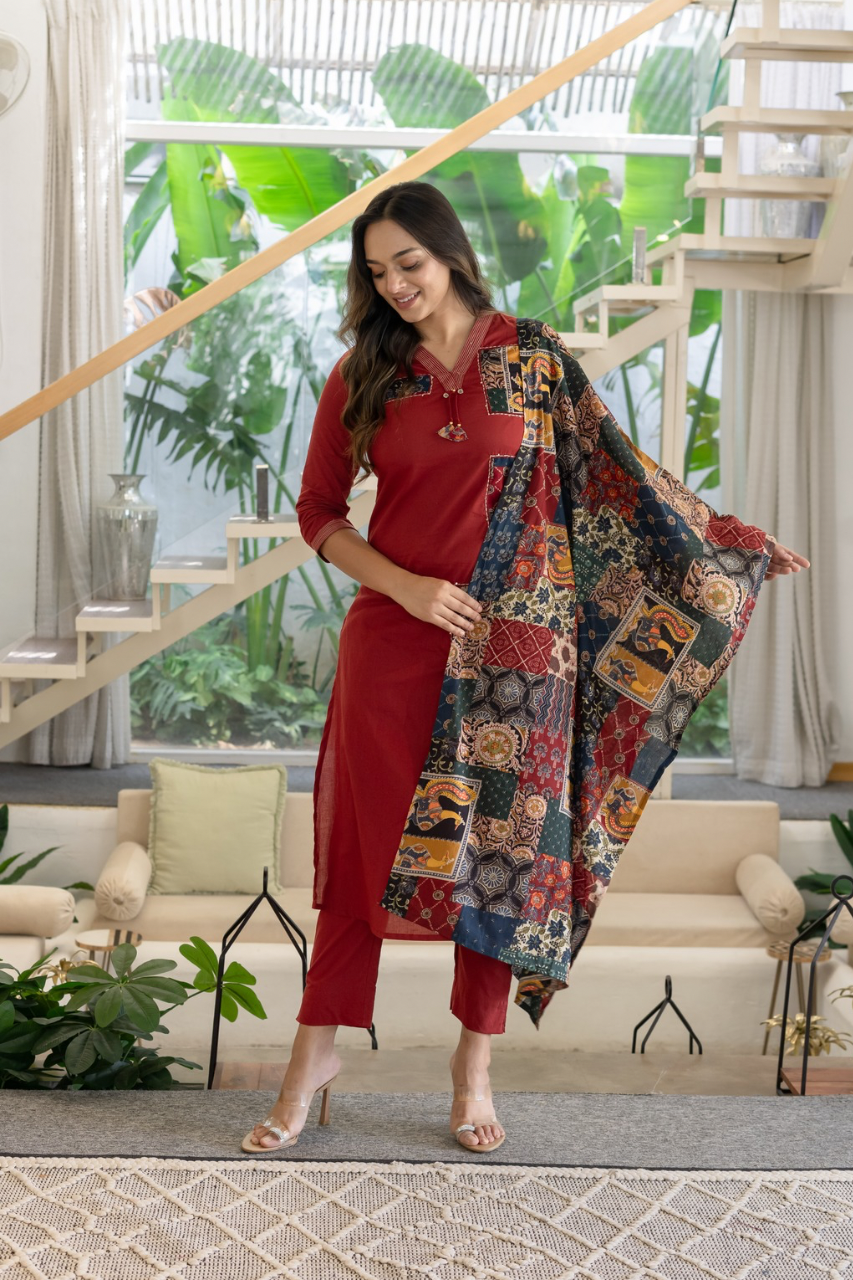 Ira cotton Ajrakh Katha detailed straight Pant Set