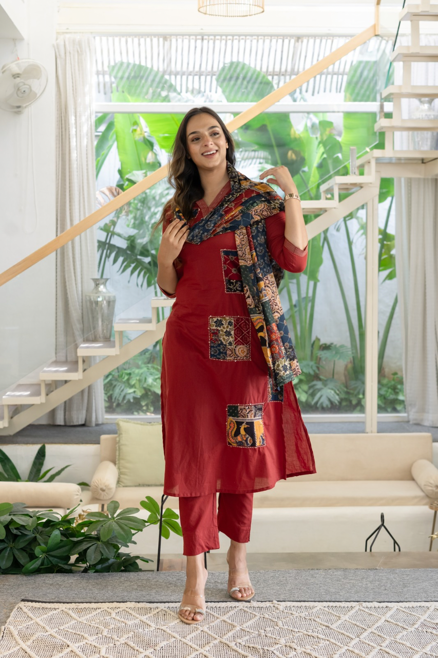 Ira cotton Ajrakh Katha detailed straight Pant Set