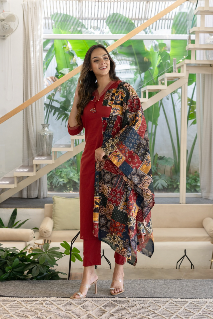 Ira cotton Ajrakh Katha detailed straight Pant Set