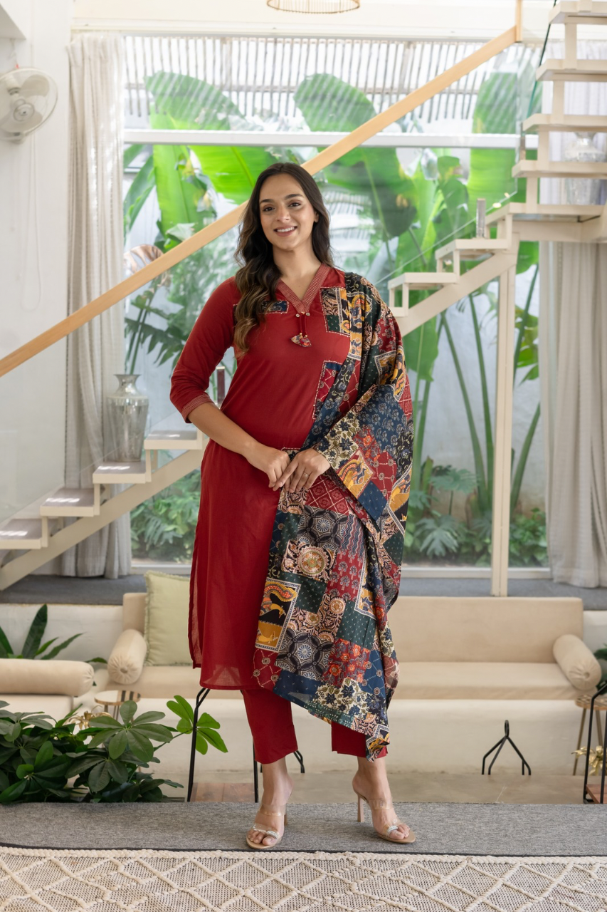 Ira cotton Ajrakh Katha detailed straight Pant Set