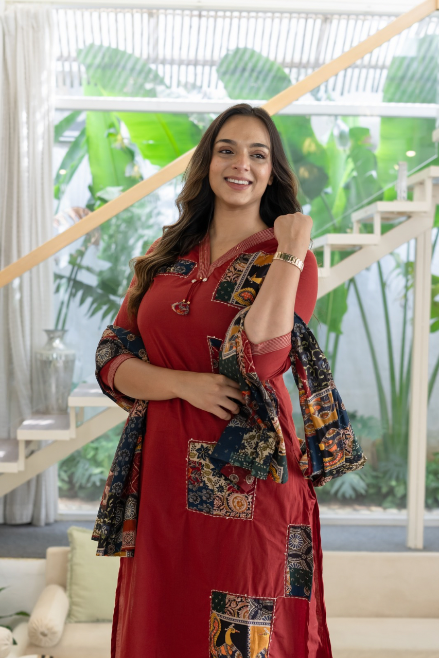 Ira cotton Ajrakh Katha detailed straight Pant Set