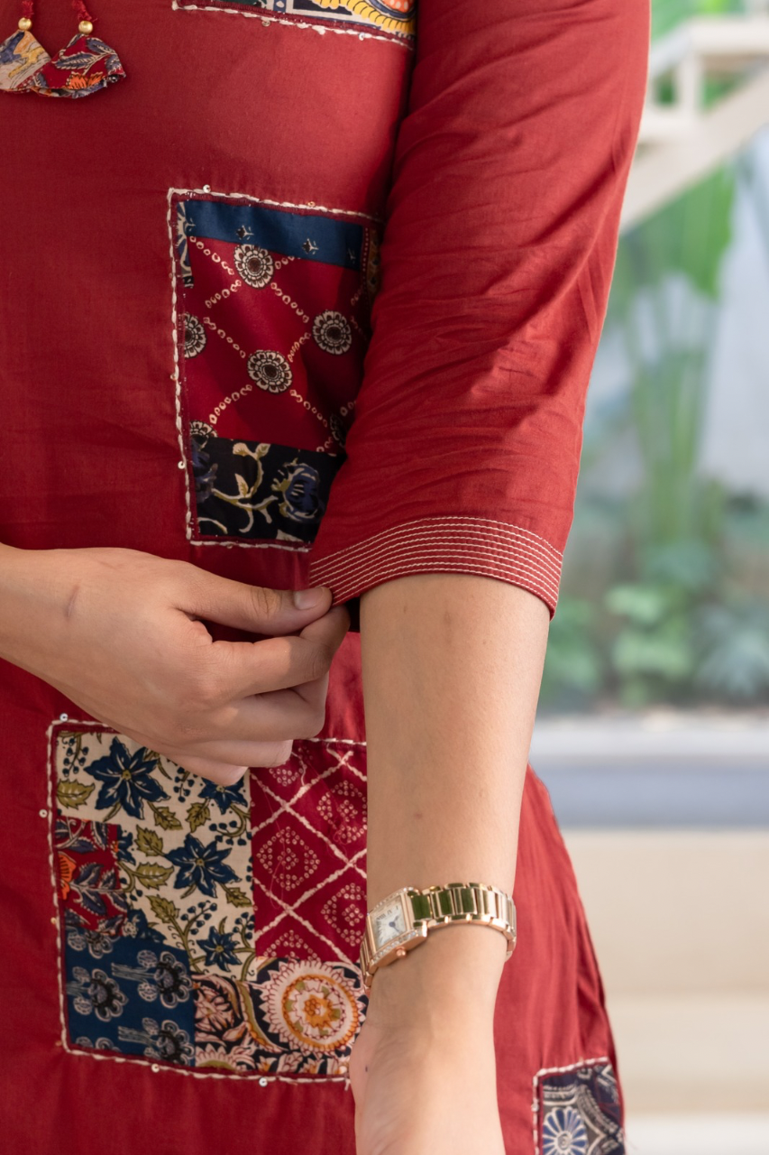 Ira cotton Ajrakh Katha detailed straight Pant Set