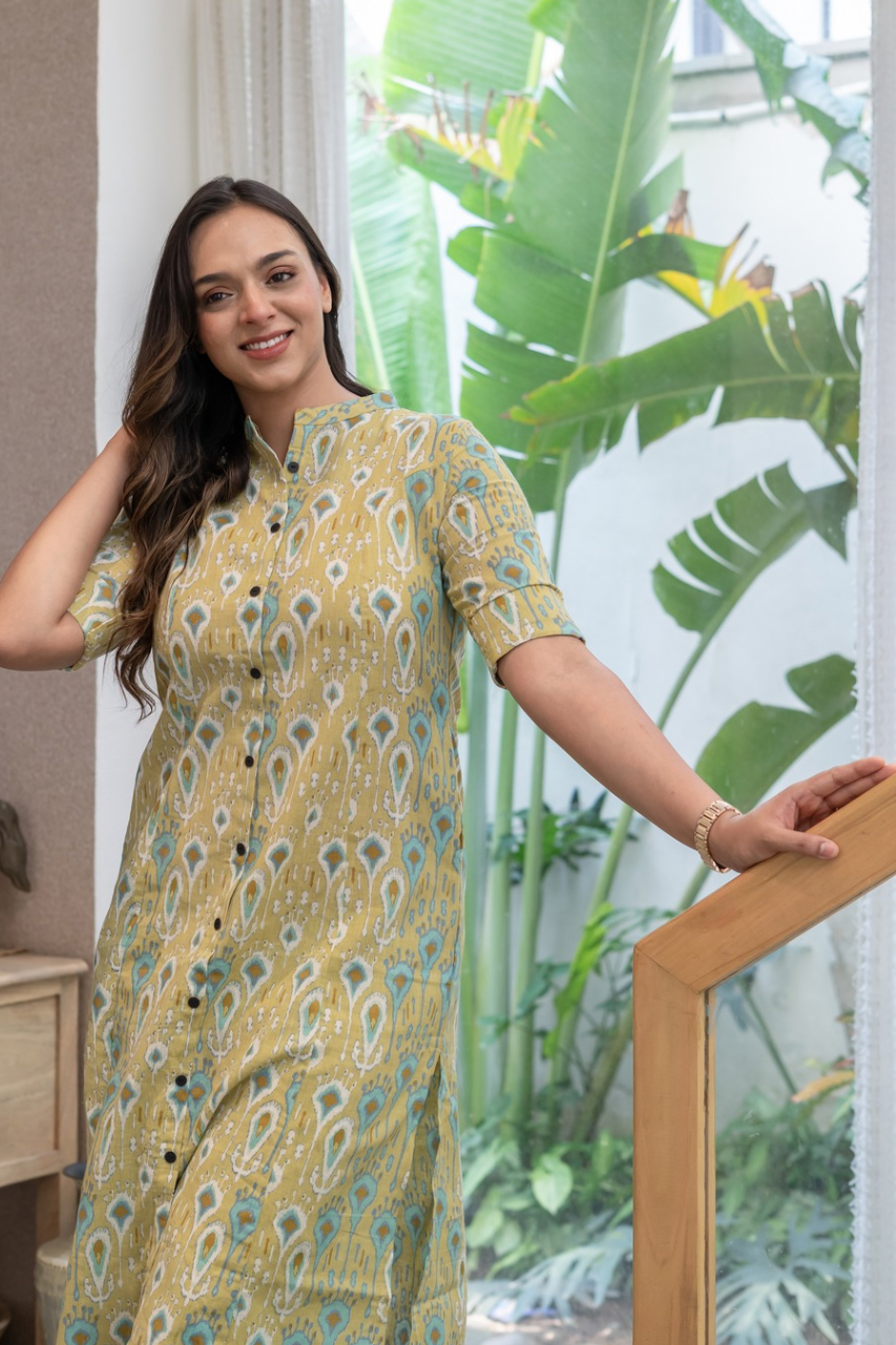 Green Ikkat Cotton A-line Coord Set