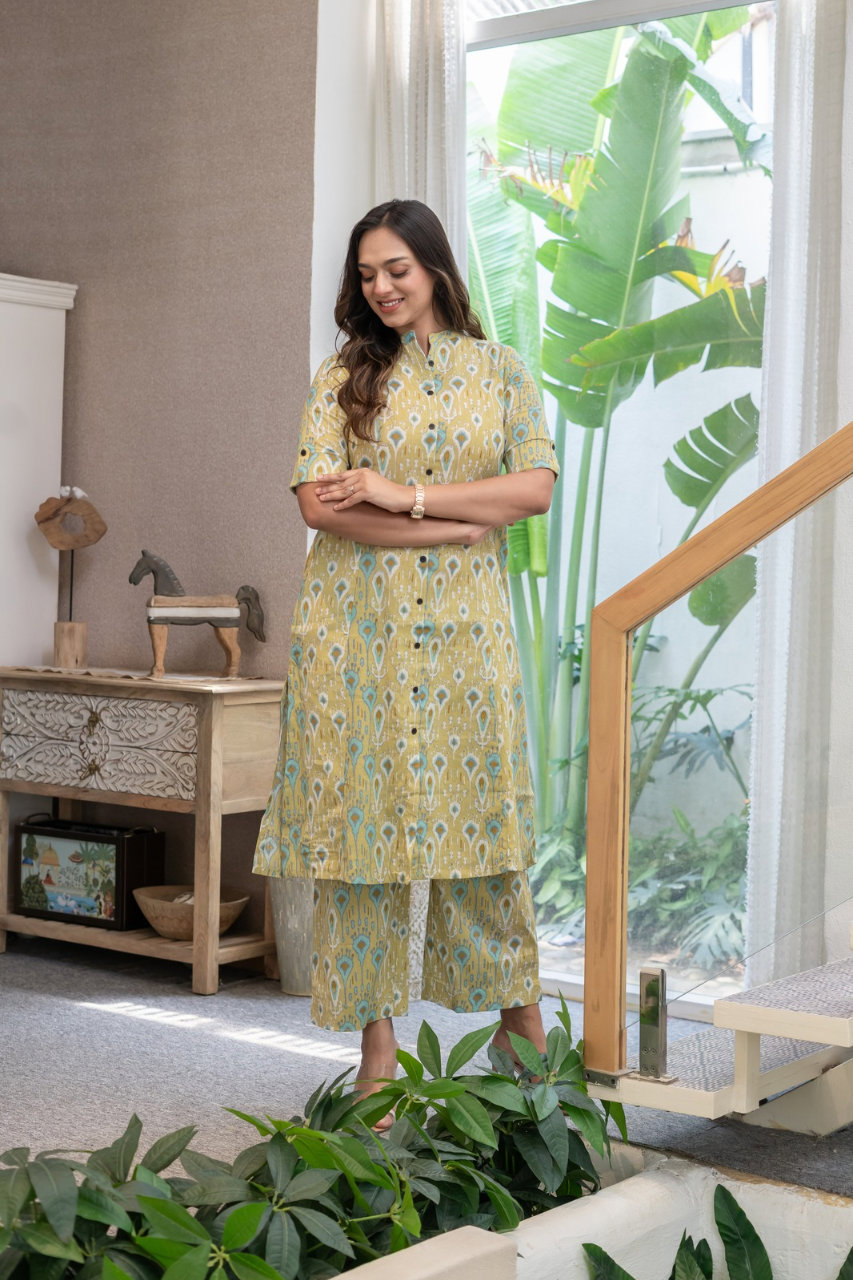 Green Ikkat Cotton A-line Coord Set