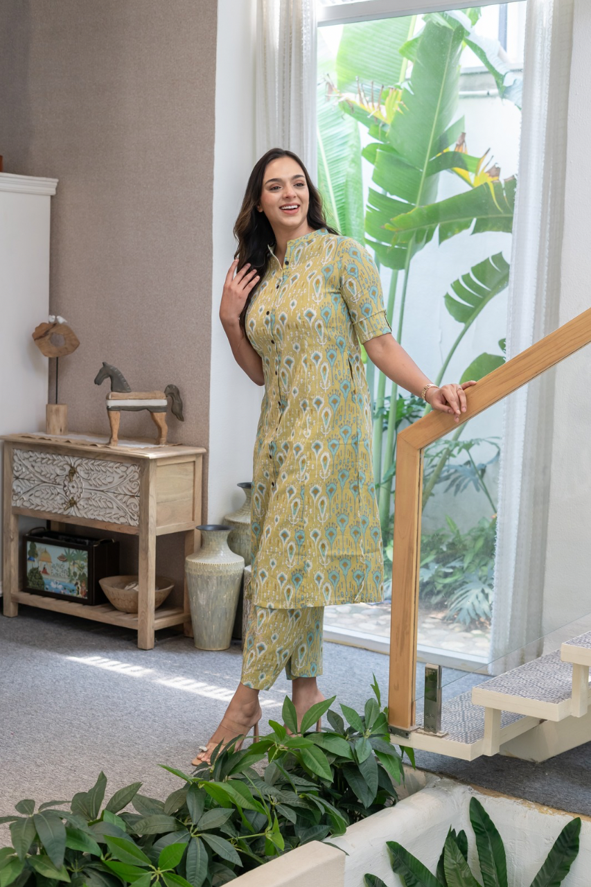 Green Ikkat Cotton A-line Coord Set