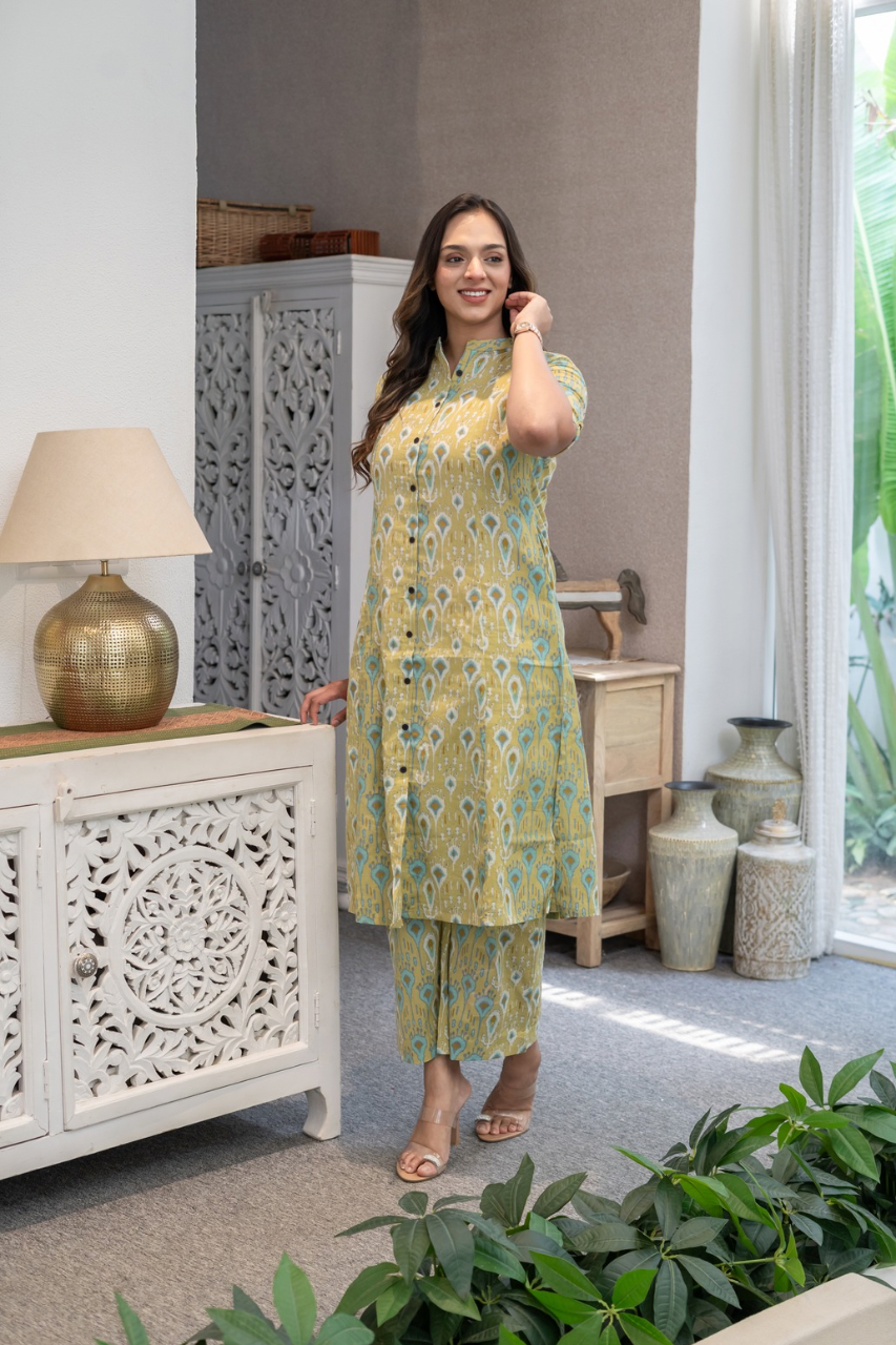 Green Ikkat Cotton A-line Coord Set