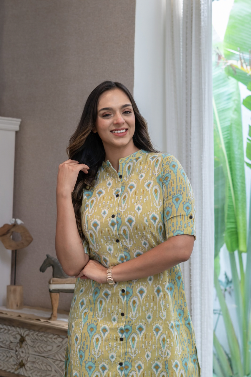 Green Ikkat Cotton A-line Coord Set