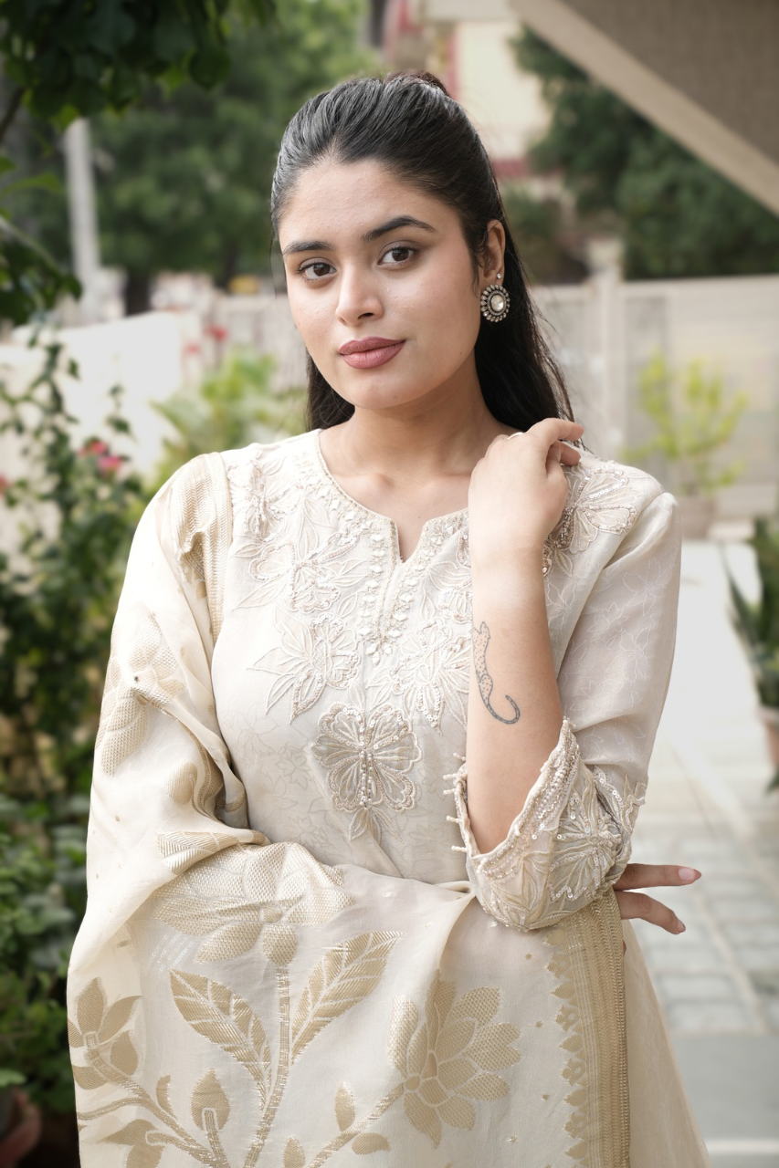 Noor Asymmetric Shimmer Tissue  HandEmbroidered Pant Set - The Jaipur Studio
