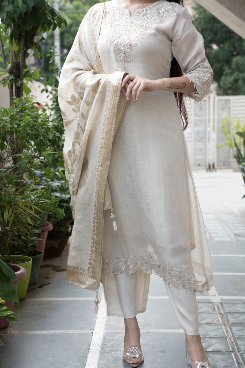Noor Asymmetric Shimmer Tissue  HandEmbroidered Pant Set - The Jaipur Studio