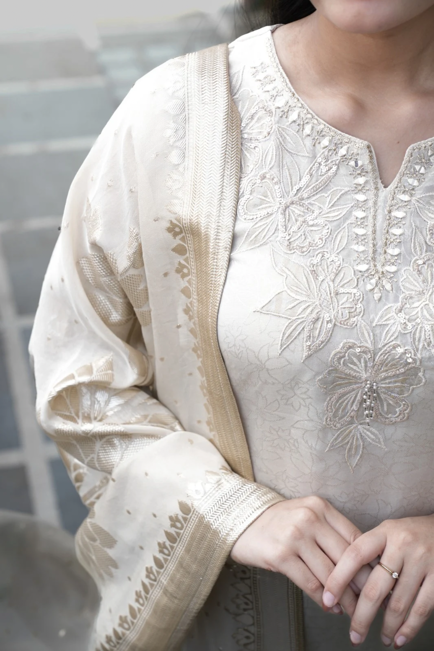 Noor Asymmetric Shimmer Tissue  HandEmbroidered Pant Set - The Jaipur Studio