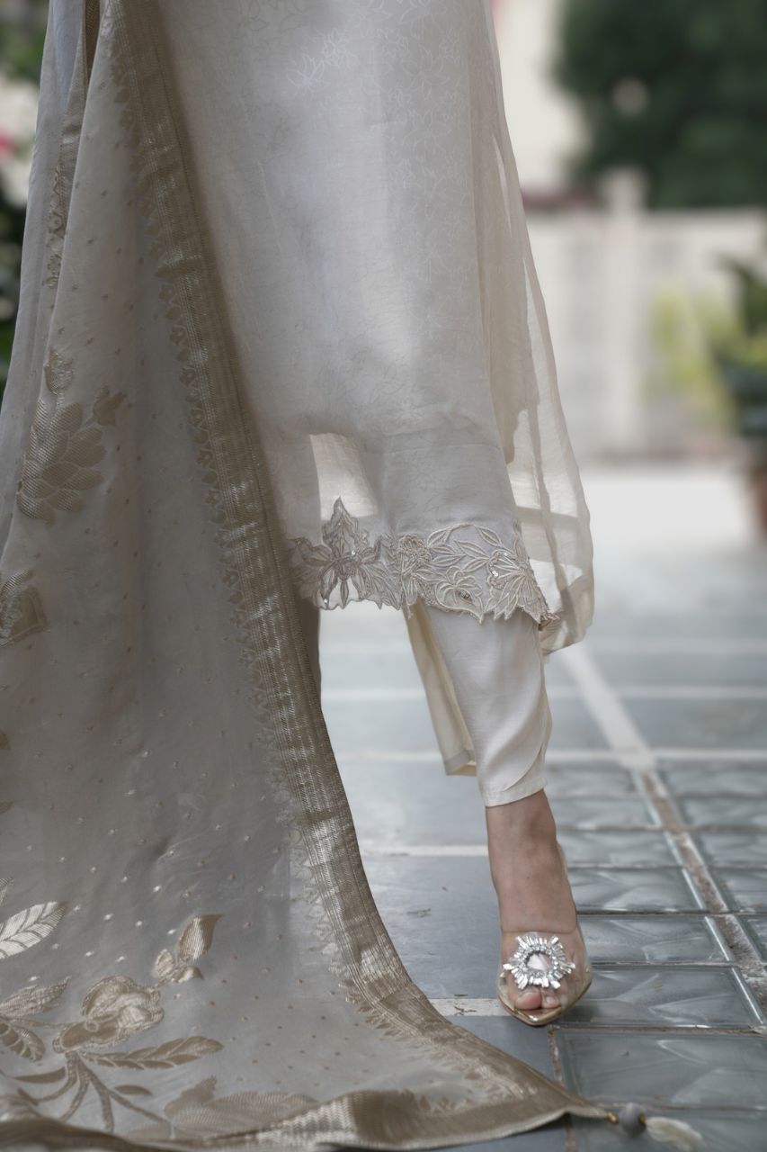 Noor Asymmetric Shimmer Tissue  HandEmbroidered Pant Set - The Jaipur Studio